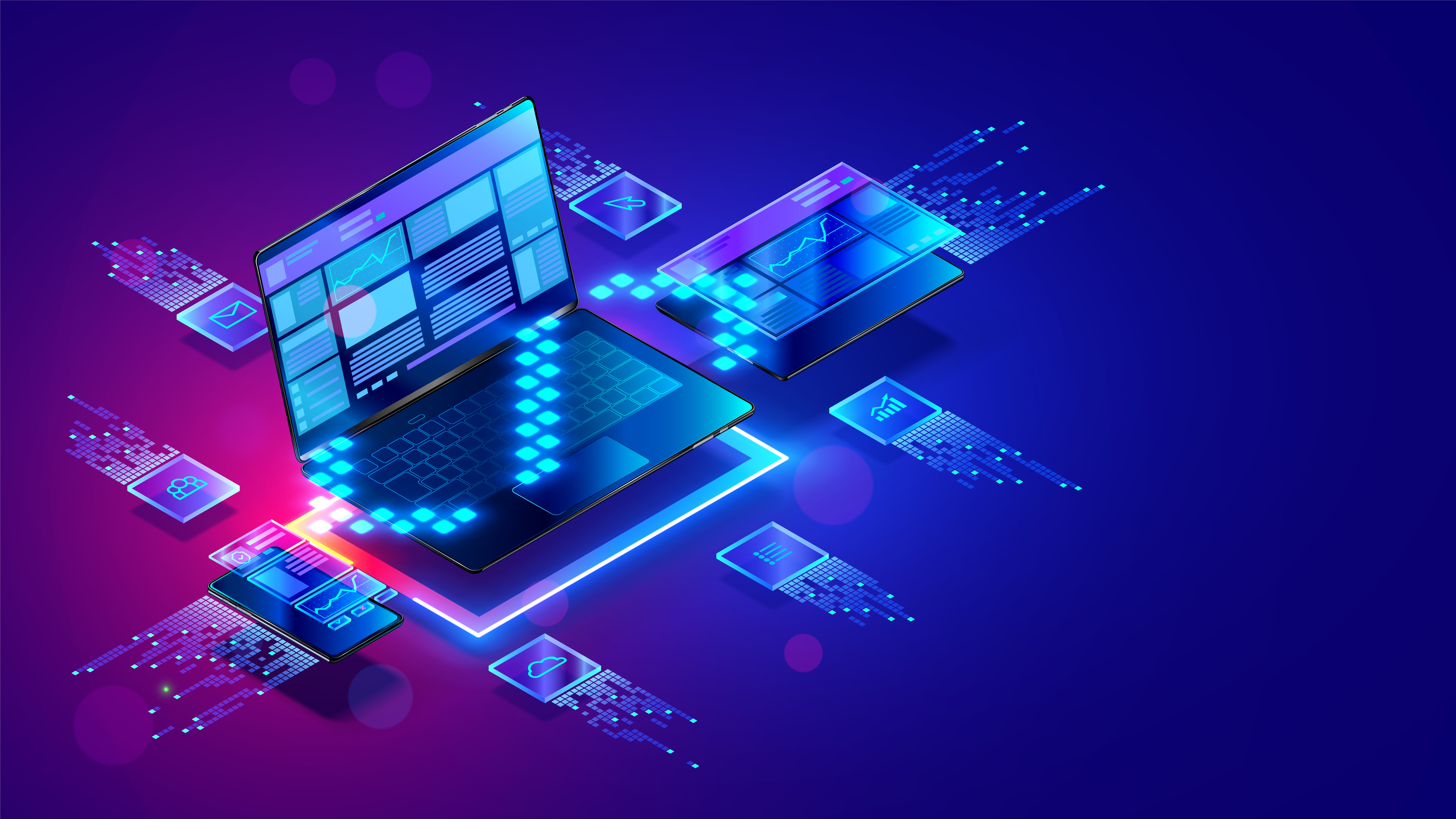 Web design isometric concept. Website development of all platforms. Optimization layout website on laptop, phone, tablet. Creation layout responsive Internet page. Web script coding and programming