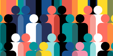 Geometric illustration of multi coloured human figures