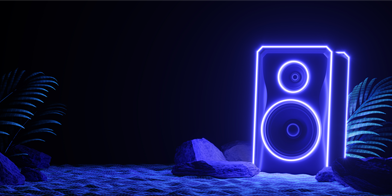 Sound speaker in neon light in beach. Futuristic night party banner concept. Summer party. 3d illustration. 3d render